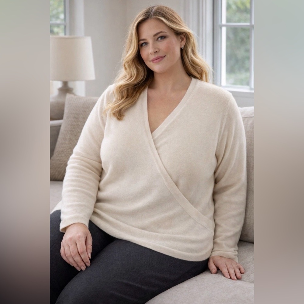 Lands' End Cream Wrap V-Neck Sweater